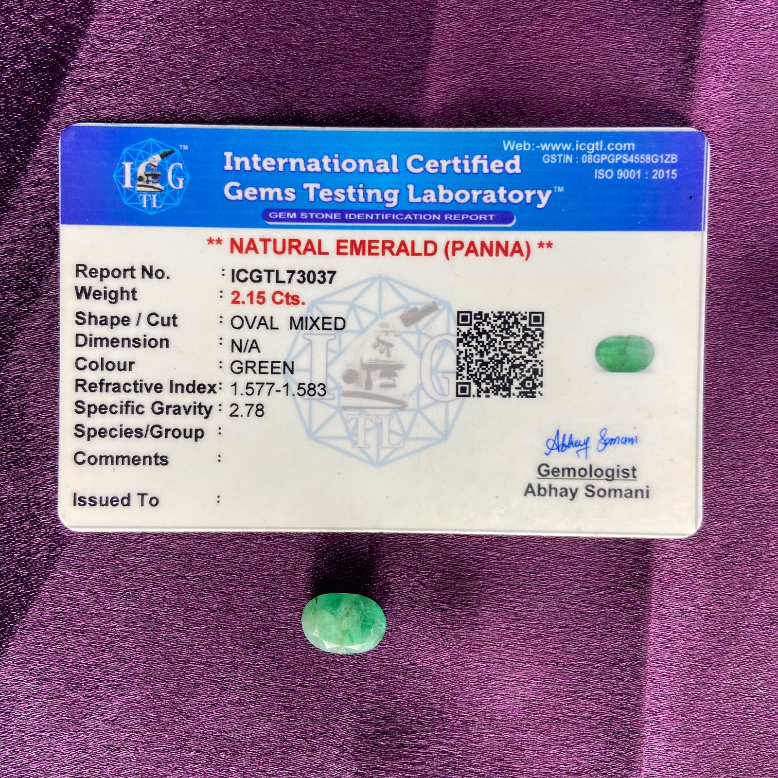 Emrald (पन्ना)  2.15 Cts