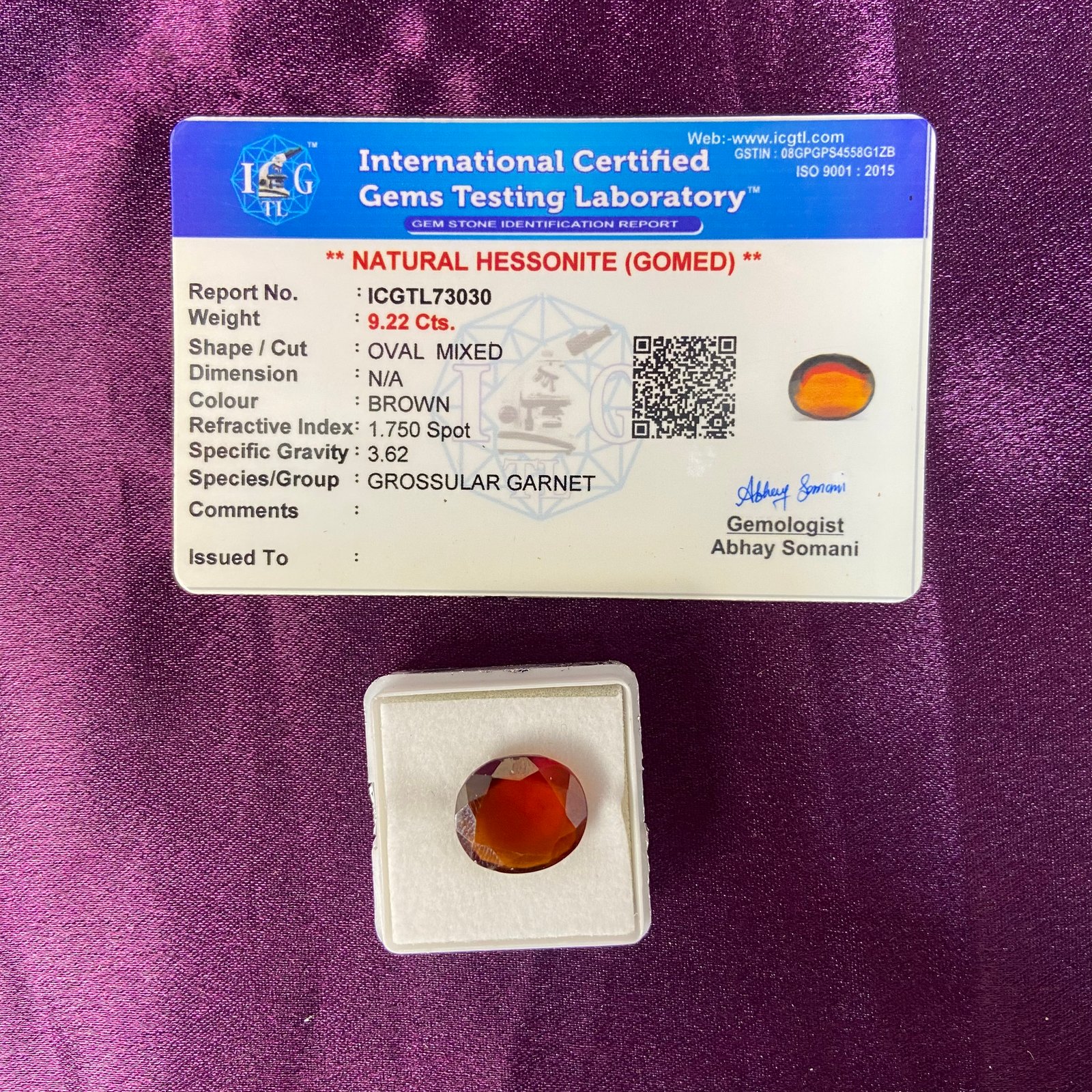Hessonite (गोमेद) 9.22 Cts